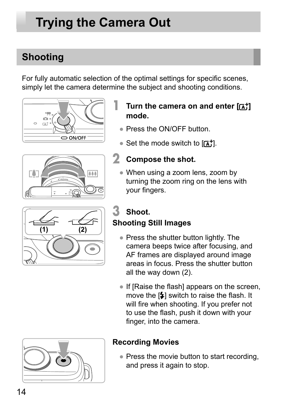 Trying the camera out, Shooting | Canon EOS M10 User Manual | Page 14 / 21
