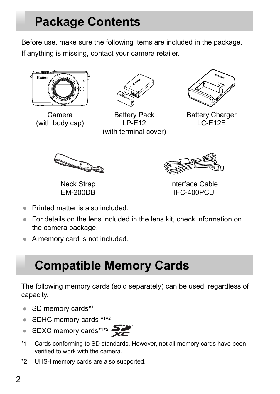 Package contents | Canon EOS M10 User Manual | Page 2 / 21