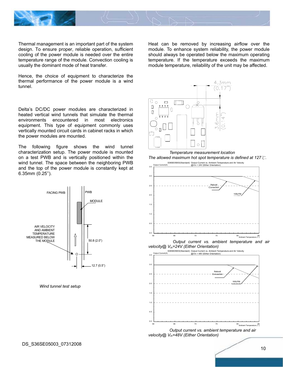 Thermal curves, Thermal considerations, Thermal derating | Thermal testing setup, 24v (either orientation), 48v (either orientation), Figure 19: wind tunnel test setup | Delta Electronics Delphi S36SE User Manual | Page 10 / 14
