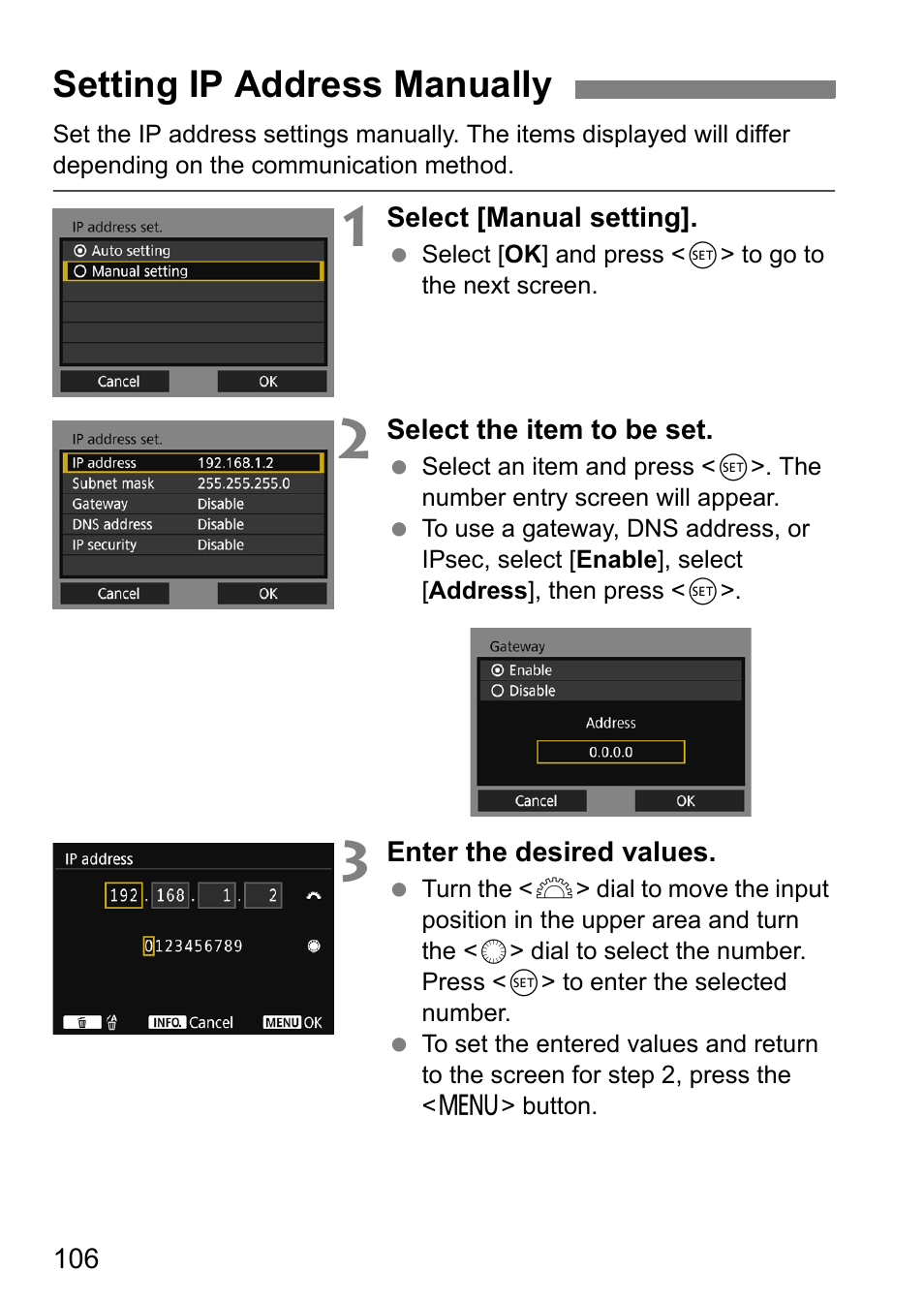 Setting ip address manually | Canon EOS 1D X Mark II User Manual | Page 106 / 116