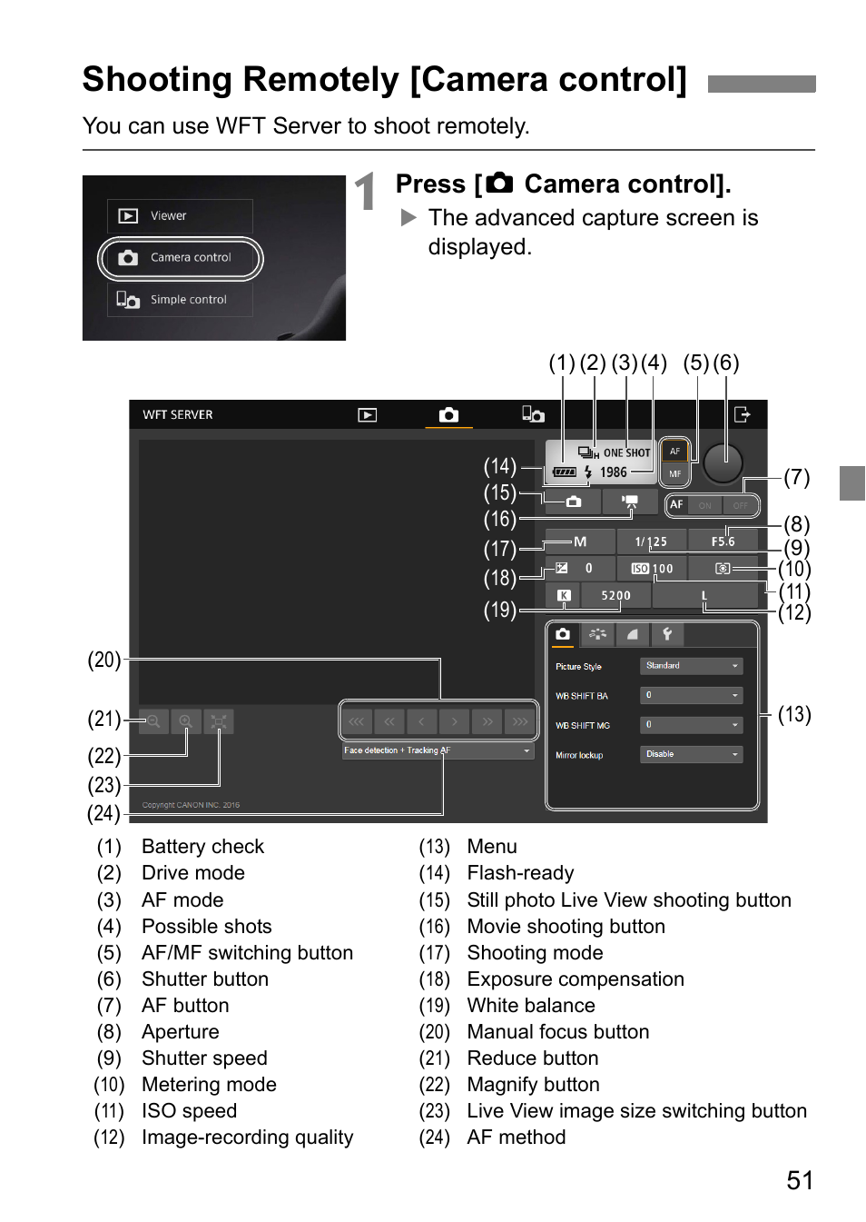 Shooting remotely [camera control, Press [ z camera control | Canon EOS 1D X Mark II User Manual | Page 51 / 116