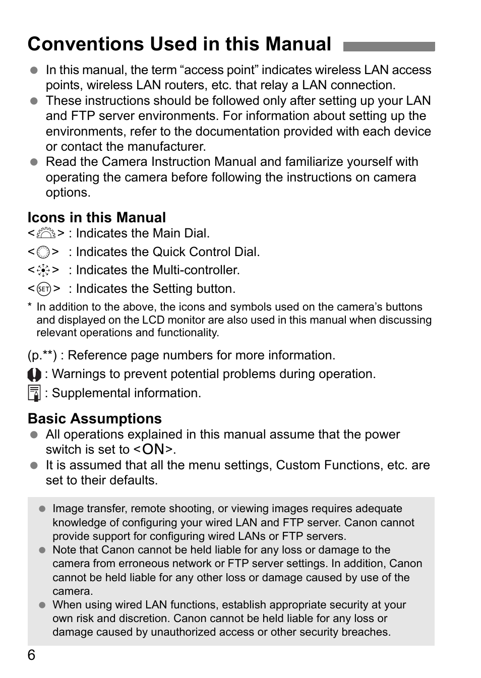 Conventions used in this manual, Icons in this manual, Basic assumptions | Canon EOS 1D X Mark II User Manual | Page 6 / 116