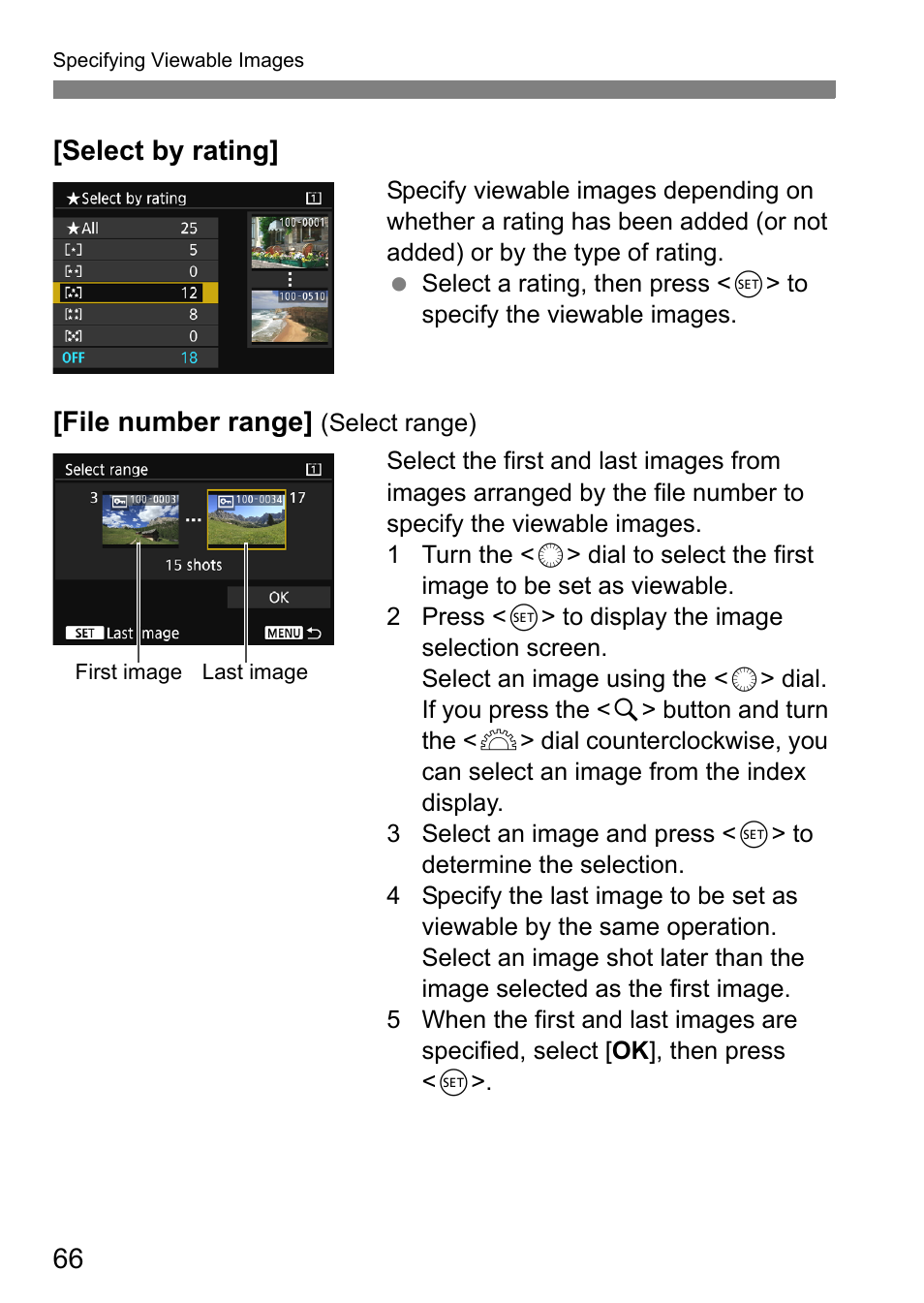 Select by rating, File number range | Canon EOS 1D X Mark II User Manual | Page 66 / 116