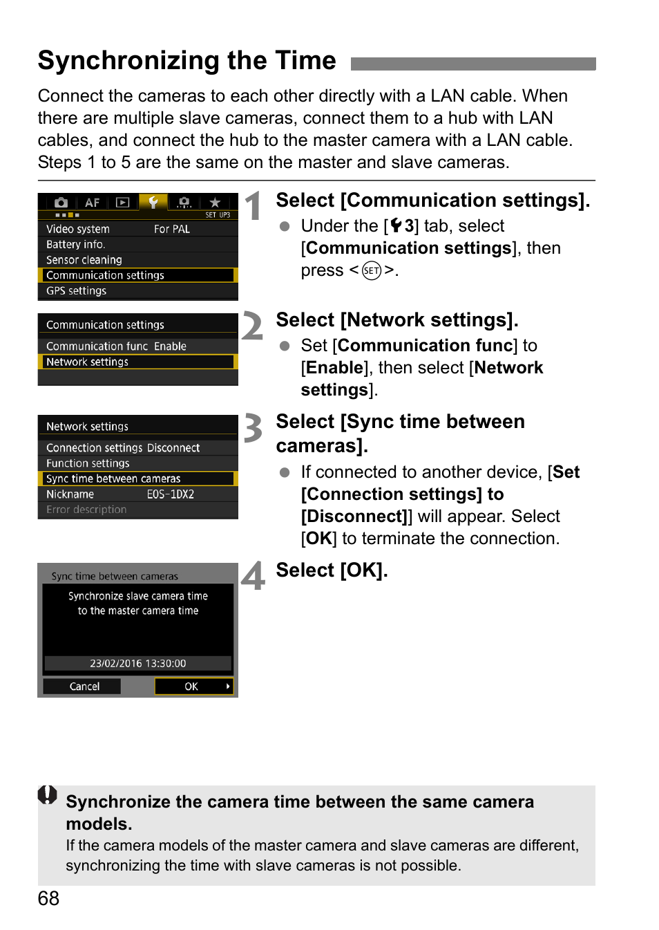 Synchronizing the time | Canon EOS 1D X Mark II User Manual | Page 68 / 116