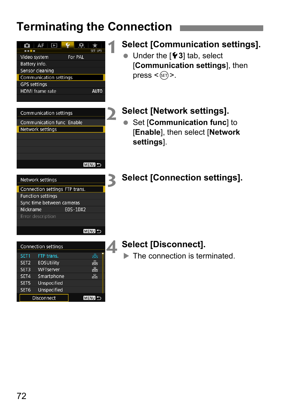 Terminating the connection | Canon EOS 1D X Mark II User Manual | Page 72 / 116