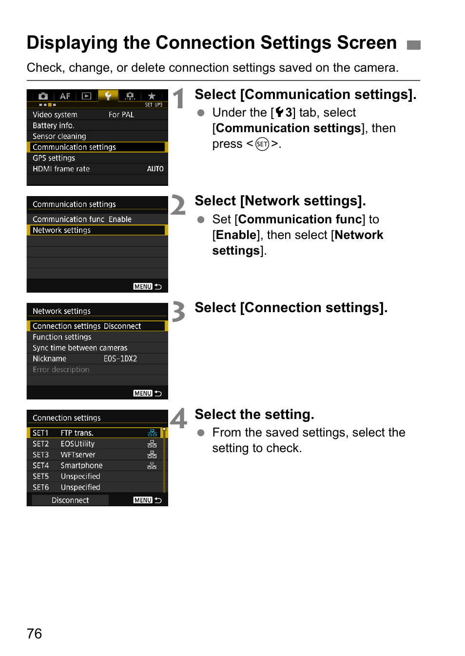 Displaying the connection settings screen | Canon EOS 1D X Mark II User Manual | Page 76 / 116