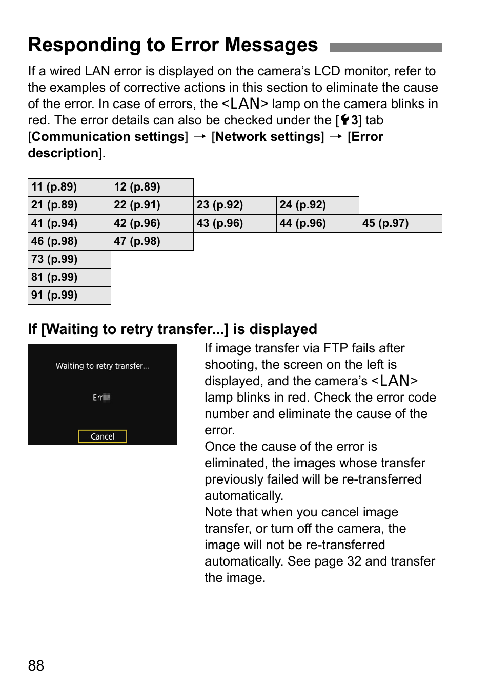 Responding to error messages, If [waiting to retry transfer...] is displayed | Canon EOS 1D X Mark II User Manual | Page 88 / 116
