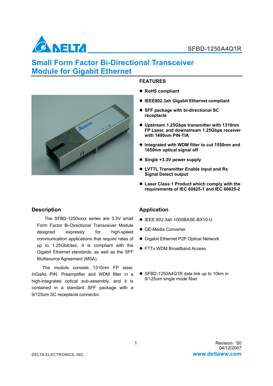 Delta Electronics SFBD-1250A4Q1R User Manual | 7 pages