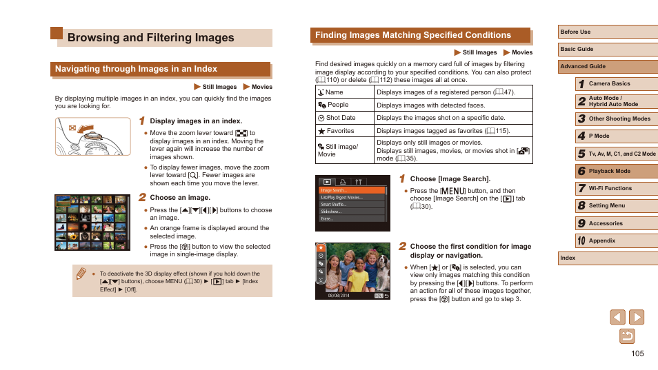 Browsing and filtering images, Using image search (= 105) or smart shuffle, Person among a large number of images (= 105) | Finding images matching specified conditions, Navigating through images in an index | Canon PowerShot SX60 HS User Manual | Page 105 / 203