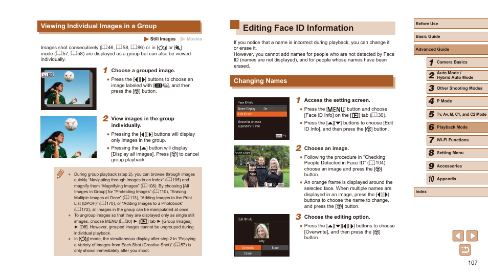Viewing individual images in a group, Editing face id information, Changing names | 107) and ungrouped (= 107), Editing face id information (= 107), magnifying, 107) first | Canon PowerShot SX60 HS User Manual | Page 107 / 203