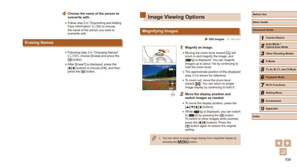 Erasing names, Image viewing options, Magnifying images | Images” (= 108), and “v | Canon PowerShot SX60 HS User Manual | Page 108 / 203