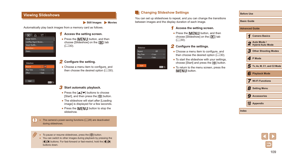 Viewing slideshows, Changing slideshow settings, Iewing slideshows” (= 109). y | Canon PowerShot SX60 HS User Manual | Page 109 / 203