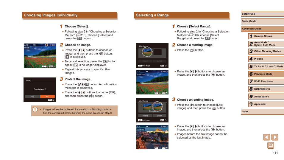 Choosing images individually selecting a range | Canon PowerShot SX60 HS User Manual | Page 111 / 203