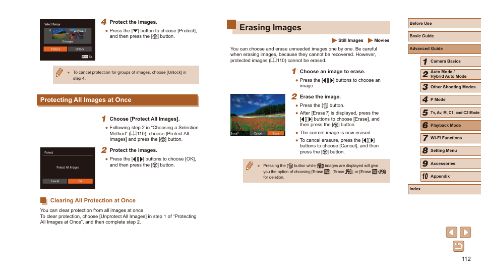 Protecting all images at once, Clearing all protection at once, Erasing images | 112) these images all at once | Canon PowerShot SX60 HS User Manual | Page 112 / 203