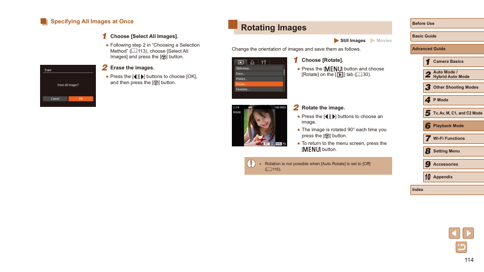 Specifying all images at once, Rotating images | Canon PowerShot SX60 HS User Manual | Page 114 / 203