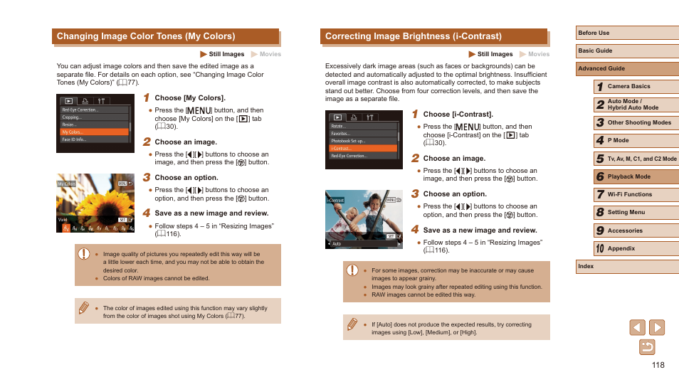 Correcting image brightness (i-contrast), Changing image color tones (my colors) | Canon PowerShot SX60 HS User Manual | Page 118 / 203