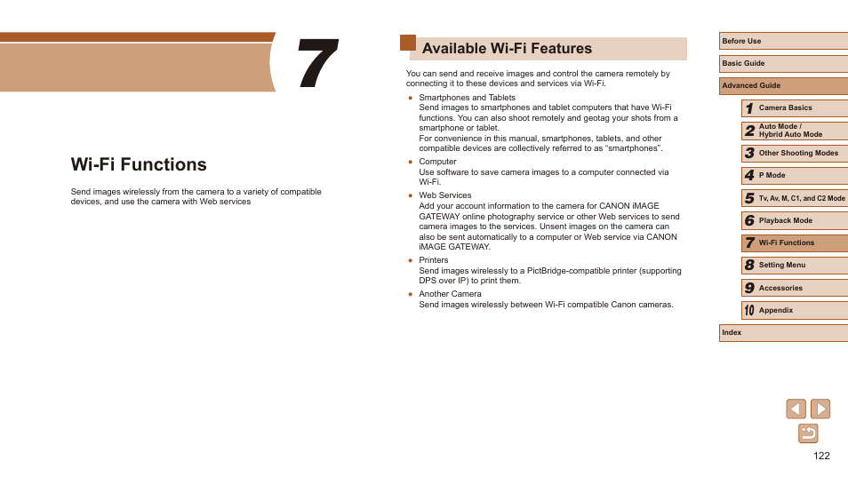 7 wi-fi functions, Available wi-fi features, Wi-fi functions | Canon PowerShot SX60 HS User Manual | Page 122 / 203