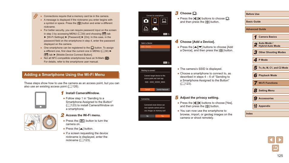 Adding a smartphone using the wi-fi menu | Canon PowerShot SX60 HS User Manual | Page 125 / 203