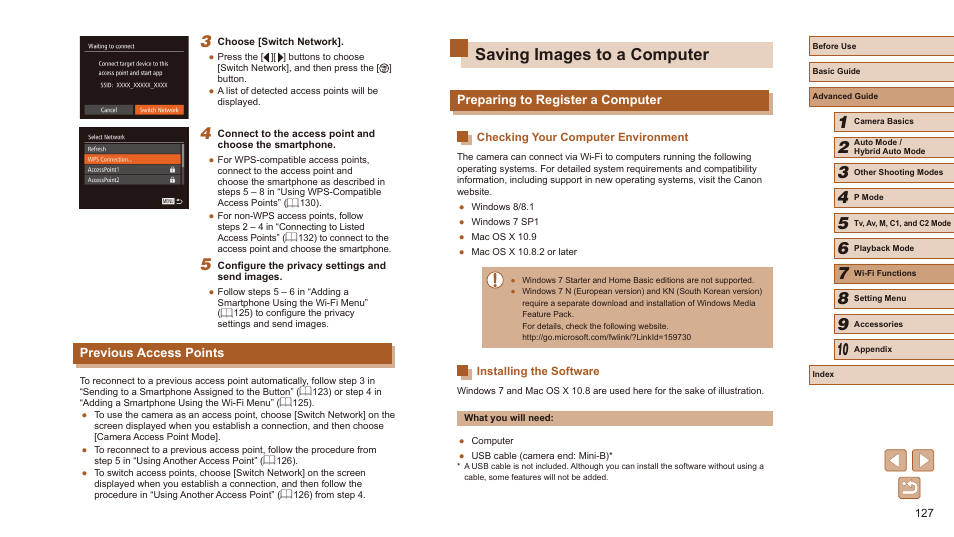 Previous access points, Saving images to a computer, Preparing to register a computer | Canon PowerShot SX60 HS User Manual | Page 127 / 203