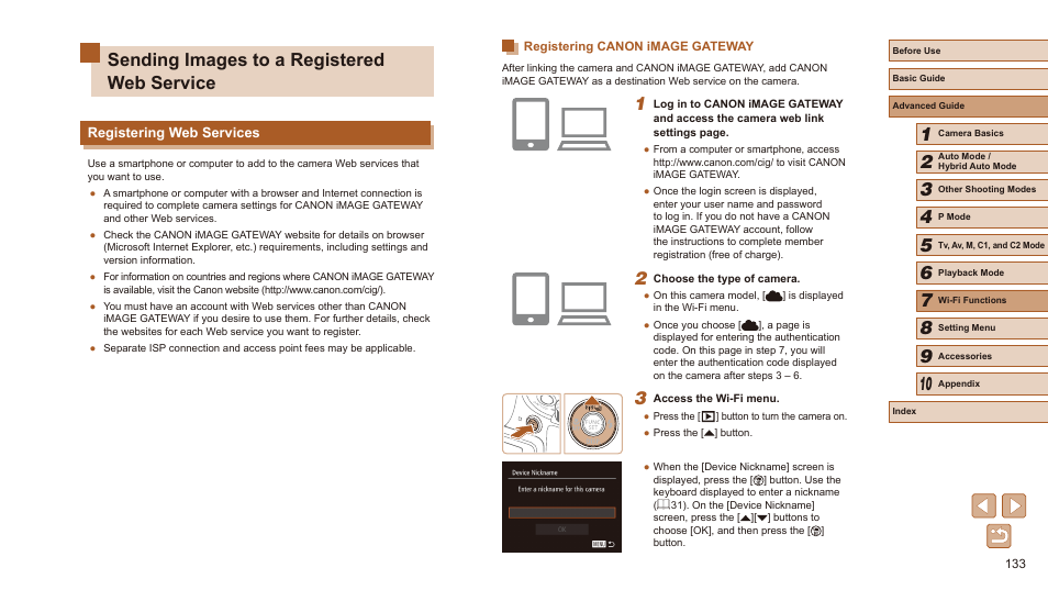 Sending images to a registered web service, Registering web services, Registering canon image gateway | Canon PowerShot SX60 HS User Manual | Page 133 / 203