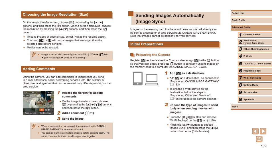 Adding comments, Sending images automatically (image sync), Initial preparations | Preparing the camera, Choosing the image resolution (size), 139) and canon image | Canon PowerShot SX60 HS User Manual | Page 139 / 203