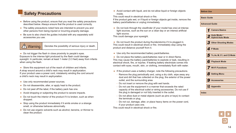 Safety precautions, Warning | Canon PowerShot SX60 HS User Manual | Page 14 / 203