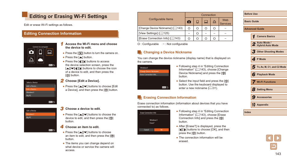 Editing or erasing wi-fi settings, Editing connection information | Canon PowerShot SX60 HS User Manual | Page 143 / 203