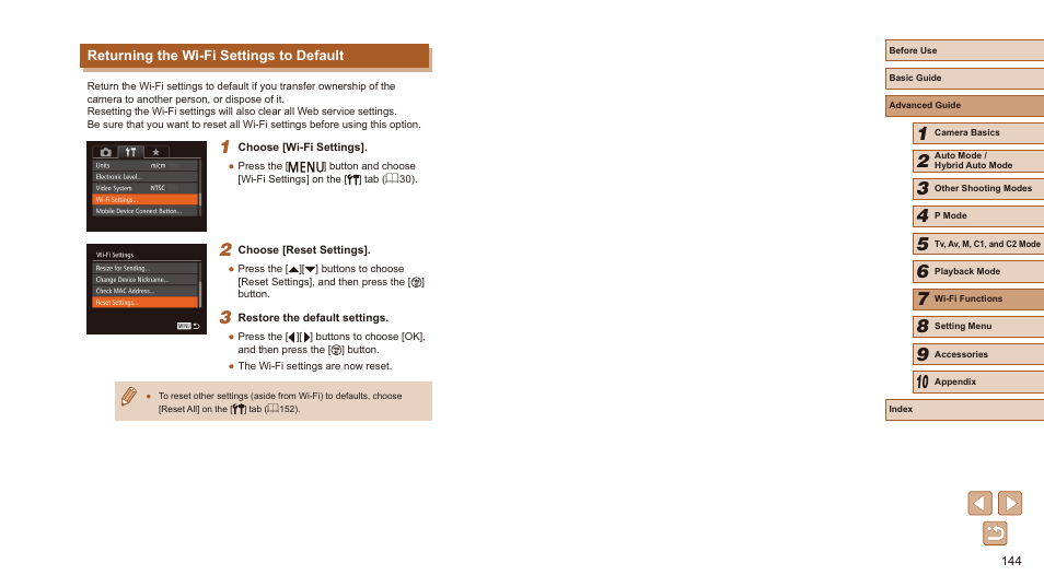 Returning the wi-fi settings to default | Canon PowerShot SX60 HS User Manual | Page 144 / 203