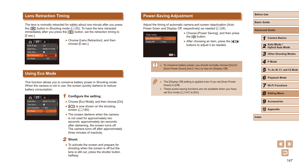 Power-saving adjustment, Lens retraction timing, Using eco mode | Canon PowerShot SX60 HS User Manual | Page 147 / 203