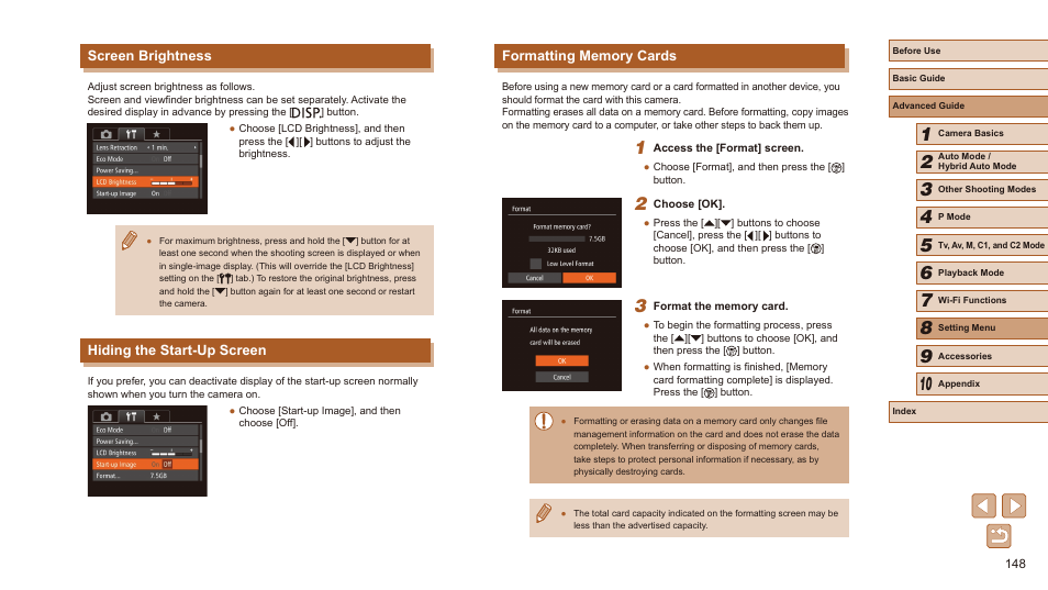 Screen brightness, Hiding the start-up screen | Canon PowerShot SX60 HS User Manual | Page 148 / 203