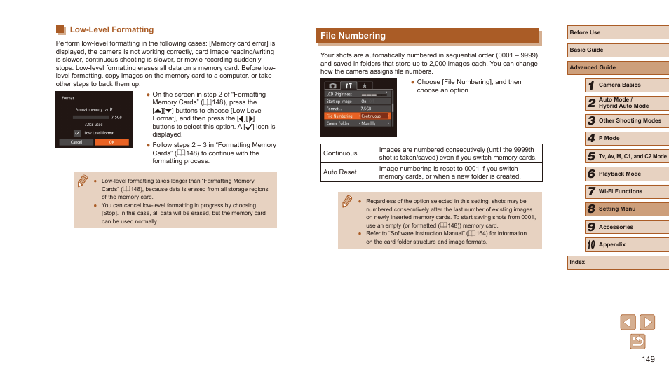 Low-level formatting, File numbering | Canon PowerShot SX60 HS User Manual | Page 149 / 203