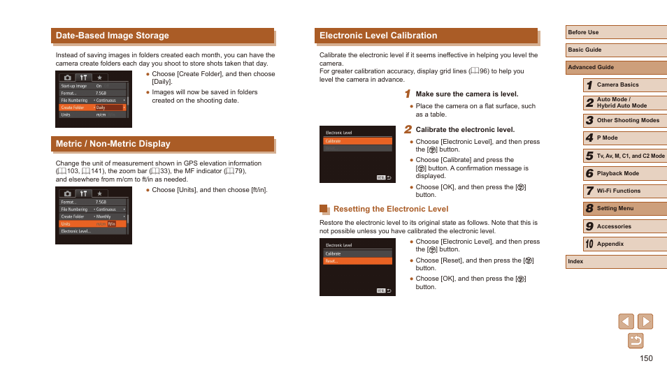 Electronic level calibration, Resetting the electronic level, Date-based image storage | Metric / non-metric display | Canon PowerShot SX60 HS User Manual | Page 150 / 203