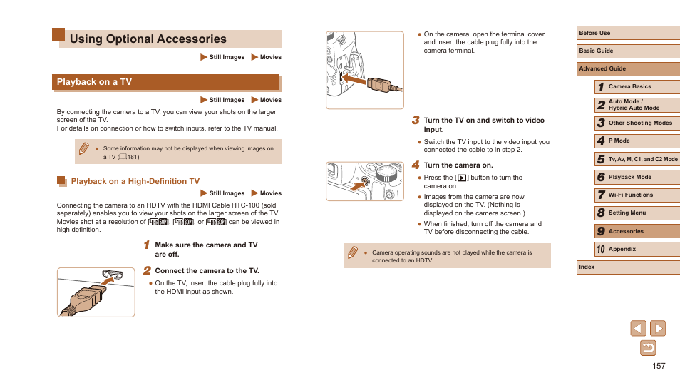Using optional accessories, Playback on a tv, Playback on a high-definition tv | Tv is used as a display (= 157), 157), but the magnified display will not appear, Ideo system] (= 157) | Canon PowerShot SX60 HS User Manual | Page 157 / 203
