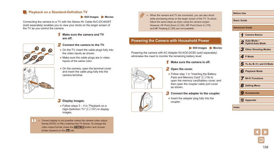 Playback on a standard-definition tv, Powering the camera with household power | Canon PowerShot SX60 HS User Manual | Page 158 / 203