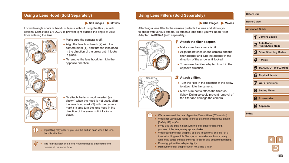 Using lens filters (sold separately), Using a lens hood (sold separately) | Canon PowerShot SX60 HS User Manual | Page 160 / 203