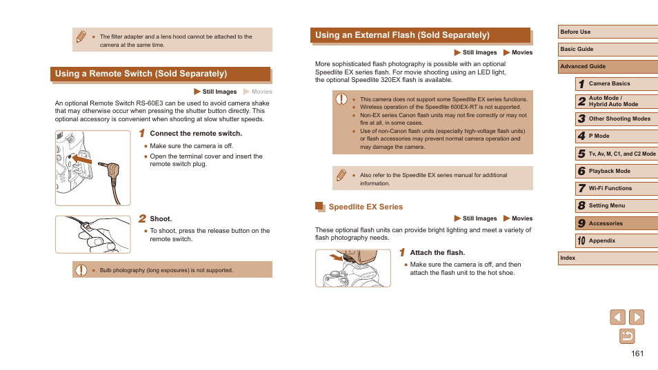 Speedlite ex series, Using an external flash (sold separately), Using a remote switch (sold separately) | Canon PowerShot SX60 HS User Manual | Page 161 / 203