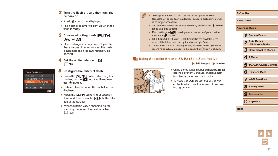 Using speedlite bracket sb-e2 (sold separately) | Canon PowerShot SX60 HS User Manual | Page 162 / 203