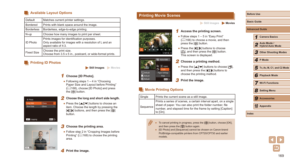 Available layout options printing id photos, Printing movie scenes, Movie printing options | Canon PowerShot SX60 HS User Manual | Page 169 / 203