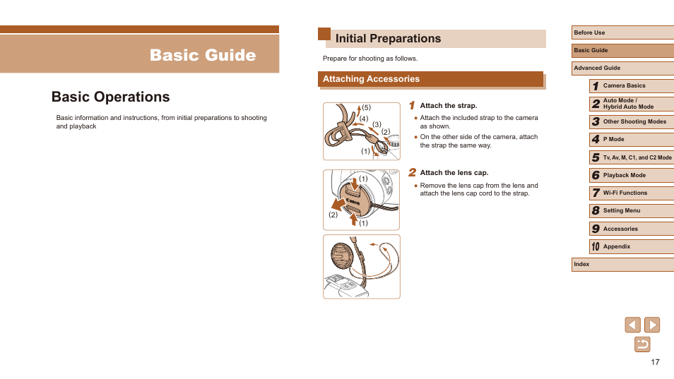 Basic guide, Basic operations, Initial preparations | Attaching accessories | Canon PowerShot SX60 HS User Manual | Page 17 / 203