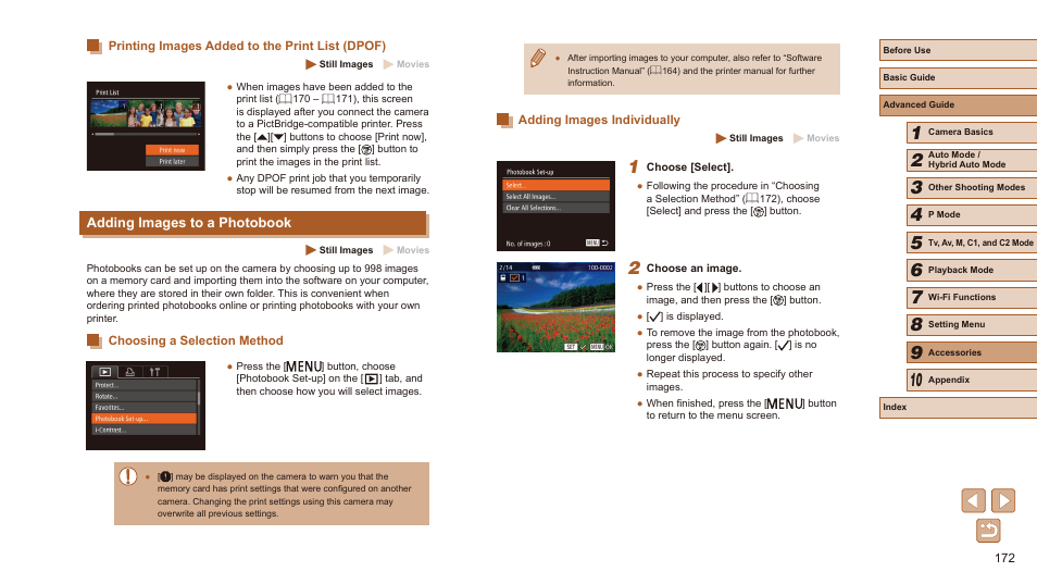 Printing images added to the print list (dpof), Adding images to a photobook, Adding images to a photobook” (= 172) | Canon PowerShot SX60 HS User Manual | Page 172 / 203