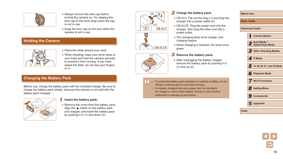 Holding the camera charging the battery pack, Holding the camera, Charging the battery pack | Canon PowerShot SX60 HS User Manual | Page 18 / 203