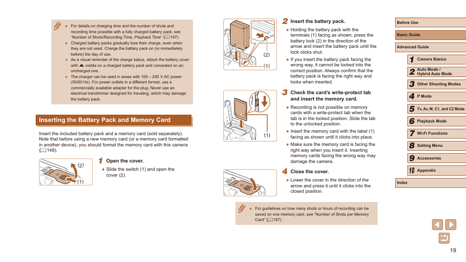 Inserting the battery pack and memory card | Canon PowerShot SX60 HS User Manual | Page 19 / 203