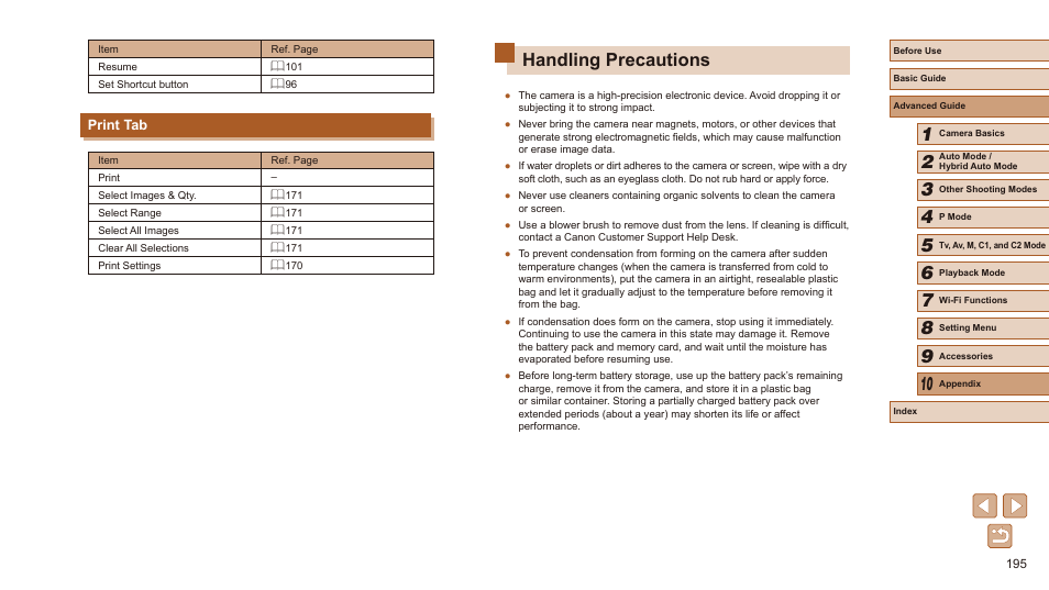 Print tab, Handling precautions | Canon PowerShot SX60 HS User Manual | Page 195 / 203