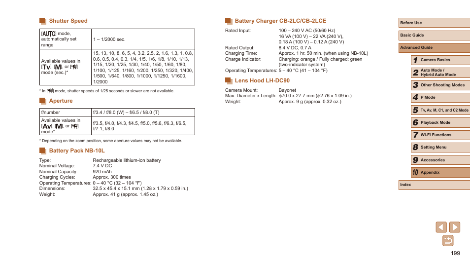 Speed” (= 199) and “aperture” (= 199) | Canon PowerShot SX60 HS User Manual | Page 199 / 203