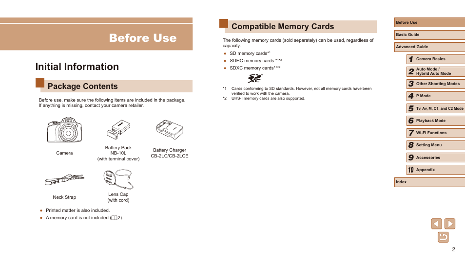 Before use, Initial information, Package contents | Canon PowerShot SX60 HS User Manual | Page 2 / 203