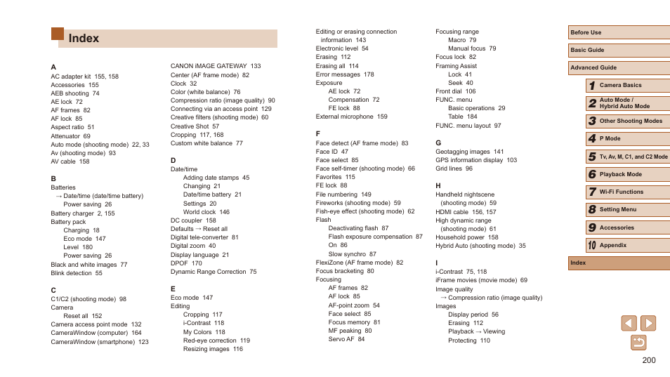 Index | Canon PowerShot SX60 HS User Manual | Page 200 / 203