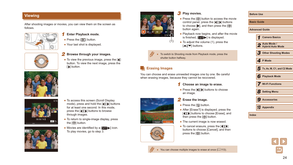 Viewing, Erasing images | Canon PowerShot SX60 HS User Manual | Page 24 / 203
