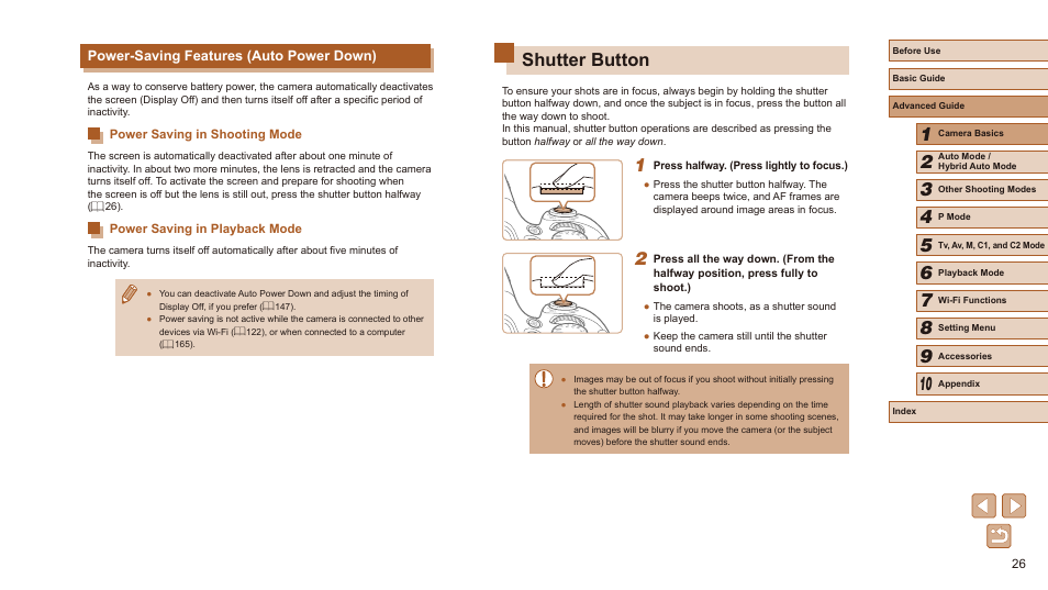 Power-saving features (auto power down), Shutter button | Canon PowerShot SX60 HS User Manual | Page 26 / 203
