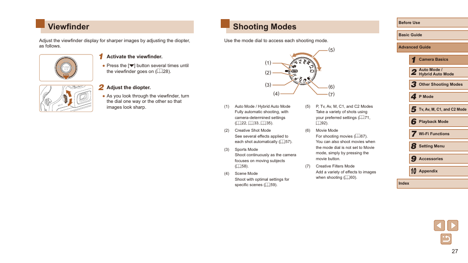 Viewfinder shooting modes, Shooting modes, Viewfinder | Canon PowerShot SX60 HS User Manual | Page 27 / 203