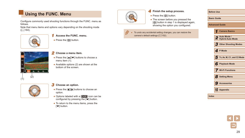 Using the func. menu | Canon PowerShot SX60 HS User Manual | Page 29 / 203